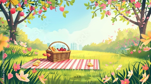 Springtime Picnic Create a vector illustration of a springtime picnic in the park  with a checkered blanket spread out on the grass  a picnic basket filled with delicious treats  and blooming flowers