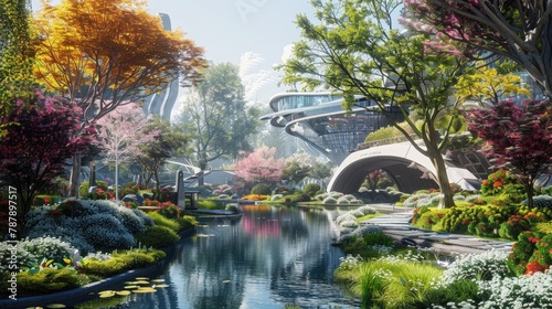 A futuristic home, it is very advanced in appearance, there is a lush green pond around it, and there are colorful flowers and gardens, there is also a futuristic swing bridge, a Future city images