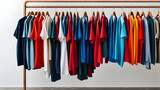 There are clothes of various colors hanging on the hanger, with a white wall background and a minimalist modern design