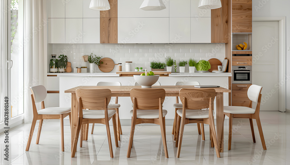 Clean dining table and chairs in interior of kitchen