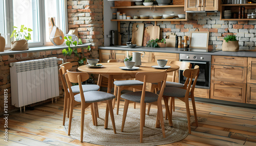 Clean dining table and chairs in interior of kitchen