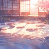 Peaceful Zen Garden at Dusk with Cherry Blossoms Falling, a Relaxing and Tranquil Scene