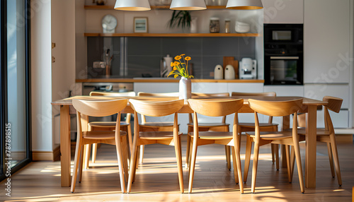 Clean dining table and chairs in interior of kitchen