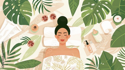 Mothers Day Spa Day Design a vector thumbnail of a relaxing spa day for Mom Show her enjoying pampering treatments like massages, facials, and manicures, surrounded by luxurious spa amenities and sere