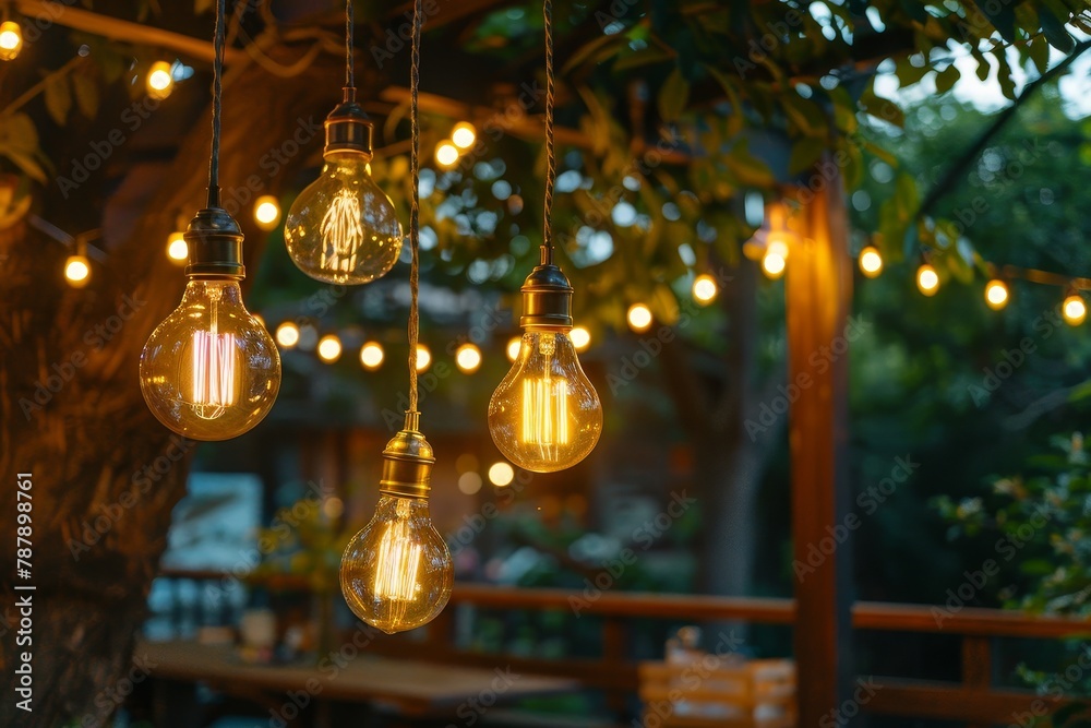 Overhead view of outdoor terrace with hanging bulbs emitting warm light Vertical angle
