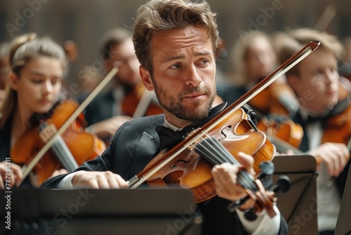 Musician performs violin solo in front of orchestra, playing classical music