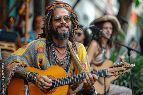 Man with dreadlocks playing guitar at microphone during musical event
