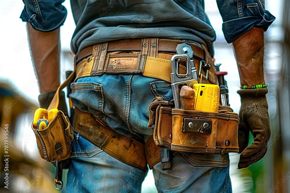 Close-Up of a Diligent Construction Worker Displaying a Well-Equipped Tool Belt at a Bustling Construction Site. Close-Up of a Diligent Construction Worker Displaying a Well-Equipped Tool Belt at a Bustling Construction Site.