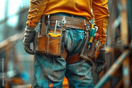 Close-Up of a Diligent Construction Worker Displaying a Well-Equipped Tool Belt at a Bustling Construction Site.
