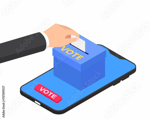 Hand putting vote in the ballot box online election isometric phone design election and democracy.