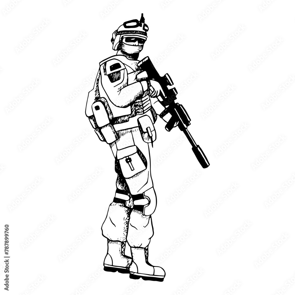 Vector modern Israel army soldier sniper in uniform with assault rifle black and white ink illustration for Veteran Day Vector modern Israel army soldier sniper in uniform with assault rifle black and white ink illustration for Veteran Day