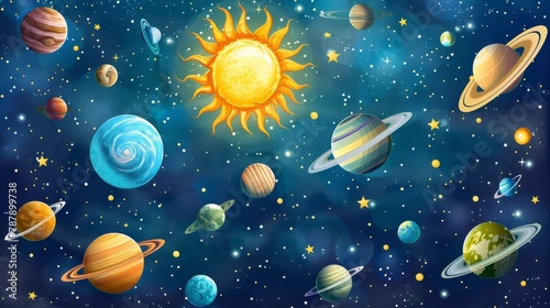 Solar system vector planet background  Sun  Earth  Jupiter  Saturn astrology planetary poster  stars. Space wallpaper  realistic education astronomy school banner