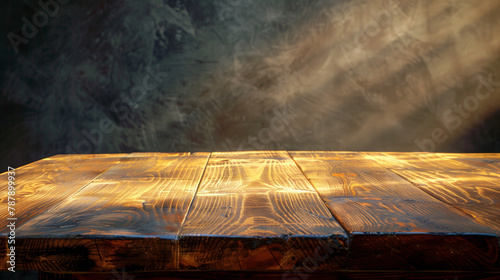 日差しが灯るシックな壁紙と木製テーブルの背景素材