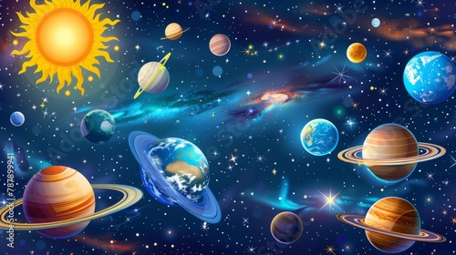 Solar system vector planet background, Sun, Earth, Jupiter, Saturn astrology planetary poster, stars. Space wallpaper, realistic education astronomy school banner