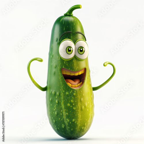 Cute smiling cucumber, cute and funny character isolated on white background