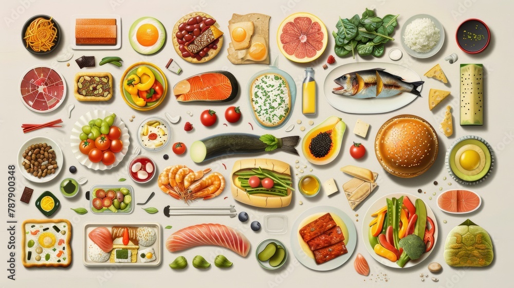 A vibrant, comprehensive array of food icons, neatly categorized by type, ranging from fast food to fresh produce, illustrating the diverse world of gastronomy A vibrant, comprehensive array of food icons, neatly categorized by type, ranging from fast food to fresh produce, illustrating the diverse world of gastronomy