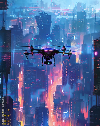 Illustrate a hovering drone delivery service at eye level amidst a bustling cityscape, with pixel art capturing the dynamic movement and modernity of the scene