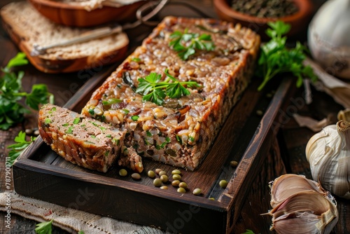 Pate with lentils on a wooden tray