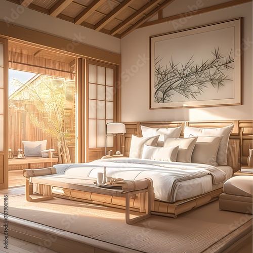 Luxurious Japanese-Inspired Bedroom with Cozy Bedding and Modern Touches photo