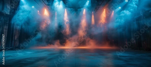 Epic scene of stage with spotlight and smoke, empty concert hall or dance club interior background