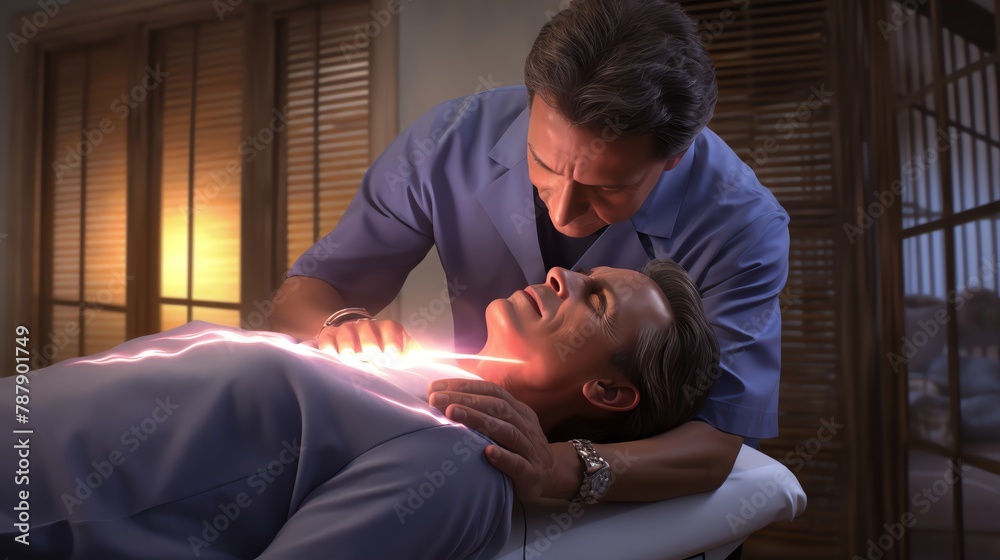 Utilize Digital Rendering Techniques to illustrate a dramatic Worms-eye view of a Chiropractor adjusting a patients spine, emphasizing precision and care through photorealistic details and lighting ef Utilize Digital Rendering Techniques to illustrate a dramatic Worms-eye view of a Chiropractor adjusting a patients spine, emphasizing precision and care through photorealistic details and lighting ef