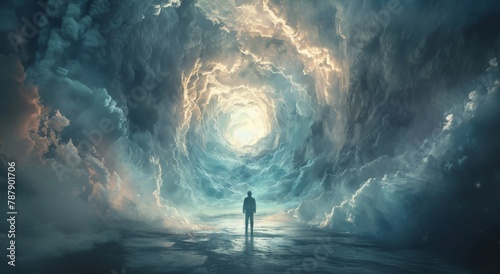 a man standing in the center of an endless tunnel made out light and clouds, light at end of tunnel in fantasy world, surrealistic style photo