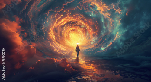 a man standing in the center of an endless tunnel made out light and clouds, light at end of tunnel in fantasy world, surrealistic style © Glebstock