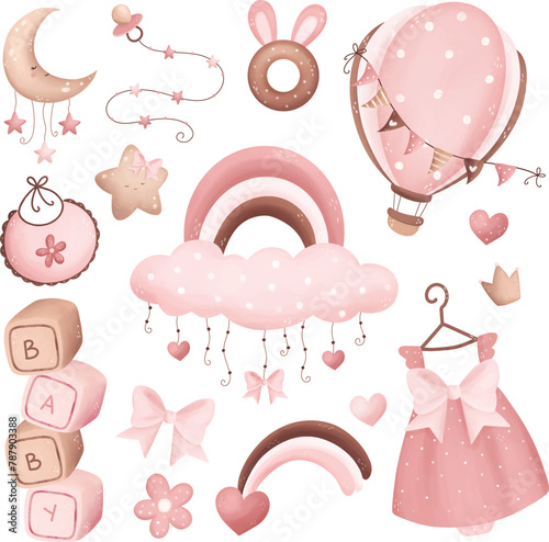 Watercolor Illustration Cute Vector Set of Classic Nursery Theme for Baby Girl  © Stella