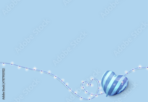 Blue banner, balloons with hearts and string lights arranged in a heart shape