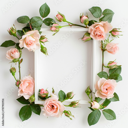  a simple square white frame empty inside around roses on white back ground no noise