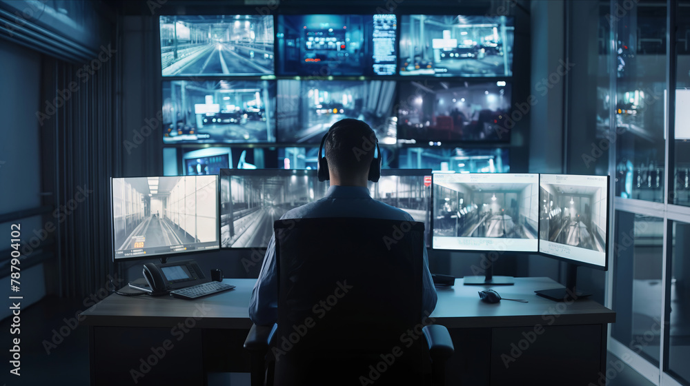 A man, a security guard, is seated at a desk, watching over multiple monitors closely. - obrazy, fototapety, plakaty 