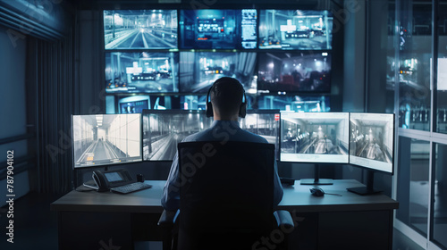 A man, a security guard, is seated at a desk, watching over multiple monitors closely.