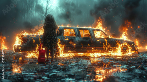 little girl holding a red gas can, devilishly smirking, standing in front of a stretch limousine in full conflagration, tires on fire, burning all over,generative ai photo