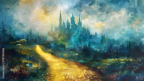 Watercolor drawing of a yellow brick road leading to city  generative Ai
