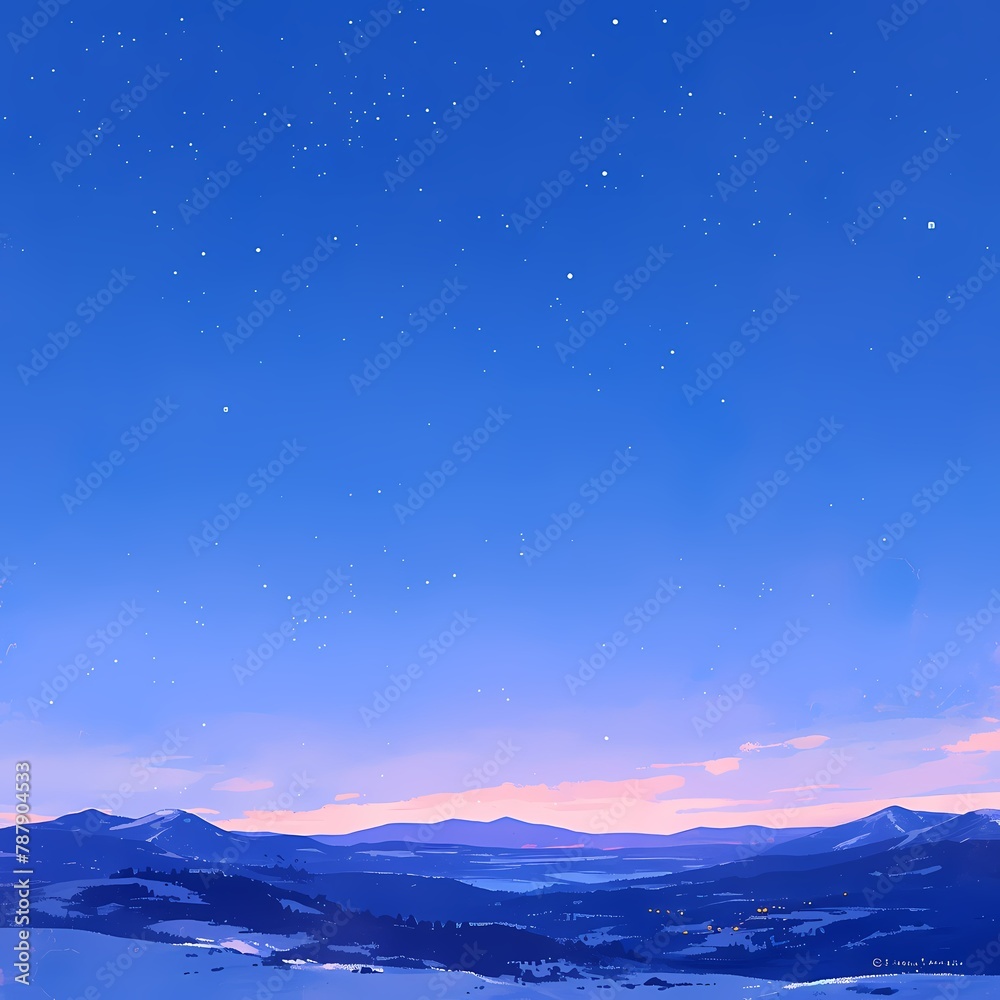 Tranquil Evening Scene with Majestic Mountain Peaks and Breathtaking Starry Sky