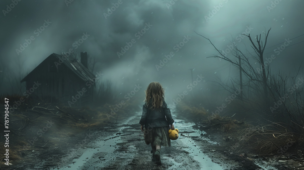 a small girl, with a determined expression, she is walking down a desolate road, clutching a Teddy bear, under a heavy sky,generative ai a small girl, with a determined expression, she is walking down a desolate road, clutching a Teddy bear, under a heavy sky,generative ai