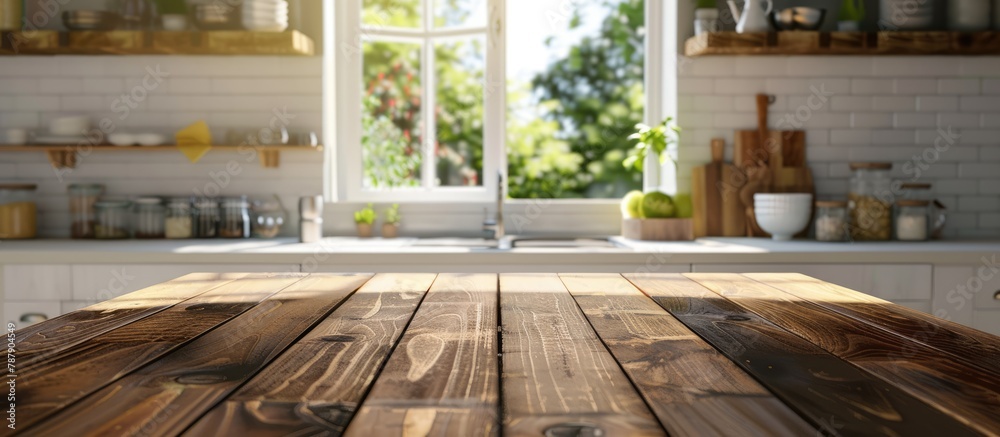 Wooden table set against a blurred background of a kitchen window and shelves. Wooden table set against a blurred background of a kitchen window and shelves.