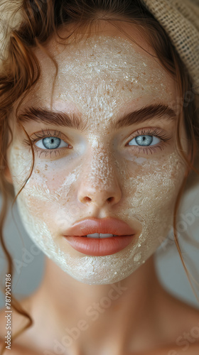 Portrait Of A Woman With A Glistening Exfoliating Mask, Highlighting Her Captivating Blue Eyes And Flawless Skin