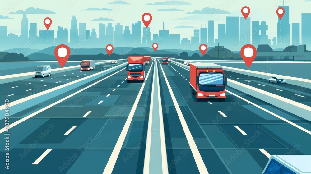 Vector of cars and trucks driving on a highway with geo location signs ...