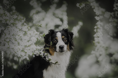 cute Australian shepherd of tricolor color against the background of flowering trees spring summer