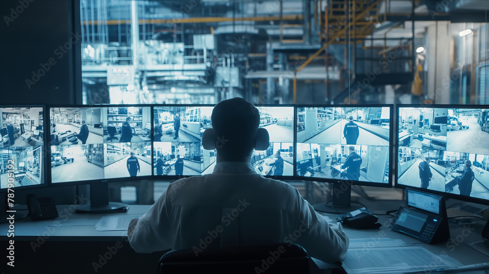 A security guard is seated at a desk in front of numerous monitors, actively monitoring various screens. A security guard is seated at a desk in front of numerous monitors, actively monitoring various screens.