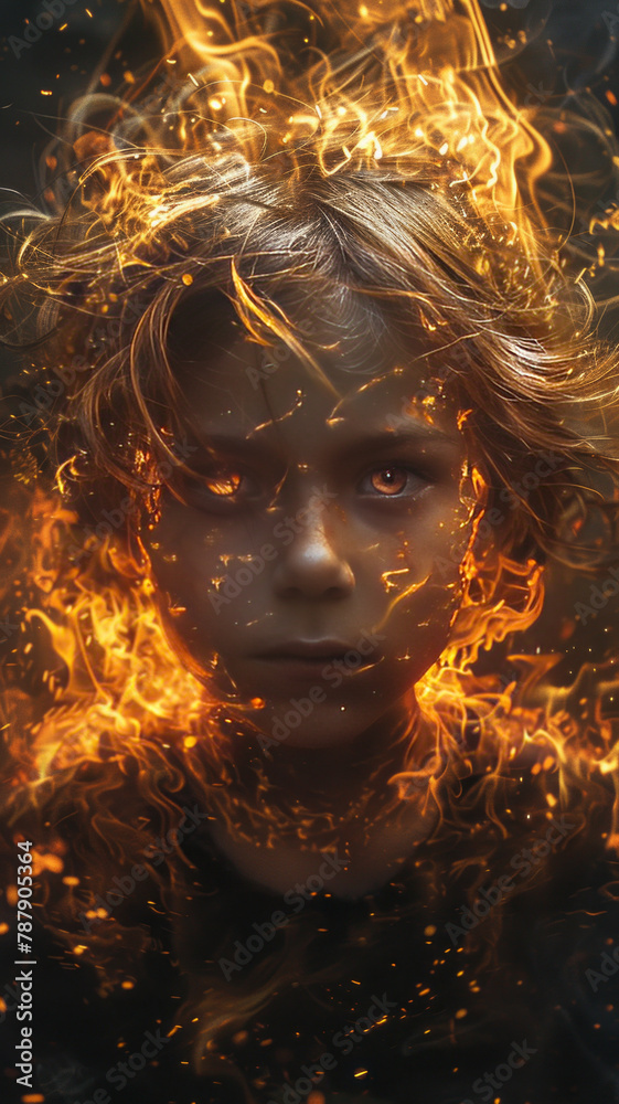 boy in extreme detail with fire all around him and a house burn down. Have him have fire hair and black eyes.generative ai boy in extreme detail with fire all around him and a house burn down. Have him have fire hair and black eyes.generative ai