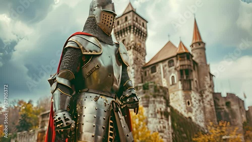 Knight in full armor in front of a castle. The concept of a medieval knight. photo