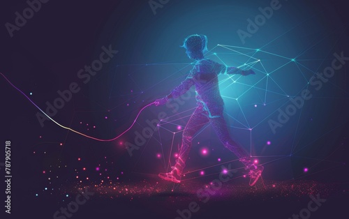 Abstract silhouette of particles  lines and triangles. Rope jumping sport