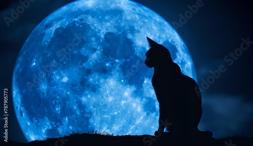 Silhouette of a cat against a blue full moon at night	
 photo