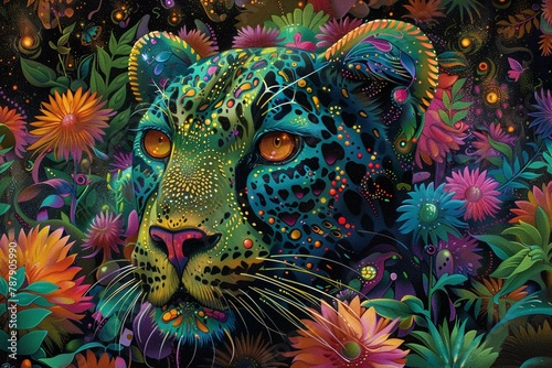 Colorful leopard in the style of psychedelic painting