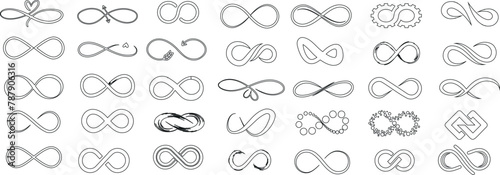 Infinity symbols collection  vector illustration  various styles. Perfect for logo design  branding  mathematics representation. Endless loop  eternity icon