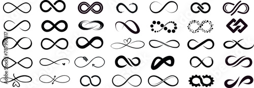Infinity symbols collection, black infinity vector illustrations on white background. Perfect for logo design, branding, and mathematical representation. Various styles, from classic to artistic © Arafat