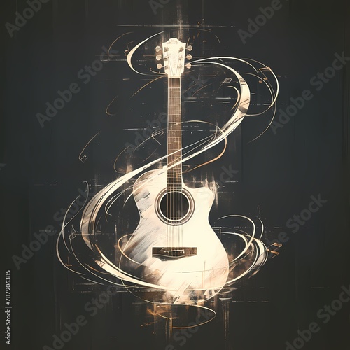 A captivating chalkboard illustration showcasing a vintage acoustic guitar with intricate lines and designs swirling around it. photo