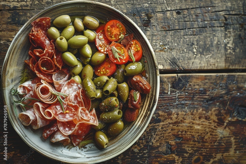 Platter of assorted meats olives and pickles on wood background Platter of assorted meats olives and pickles on wood background
